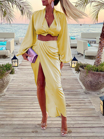 Woochic ensembles deux pièces robe longue fendu le côté plissé v-cou manches longues casual plage Jaune S